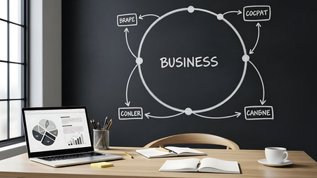 Business process diagram on chalkboard with laptop and desk in foregroundの素材