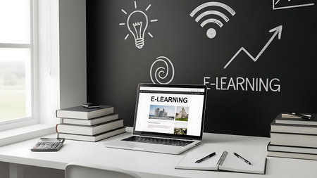 Laptop on desk with elearning concept drawn on blackboard backgroundの素材