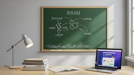 Biology lesson setup with chalkboard, laptop, and desk lamp in a roomの素材