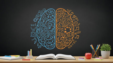 Illustration of left and right brain hemispheres drawn on chalkboardの素材