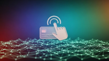 Digital payment click icon on credit card with abstract network backgroundの素材