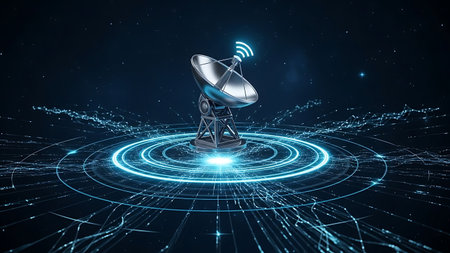 Satellite dish on abstract digital network background with glowing blue circlesの素材
