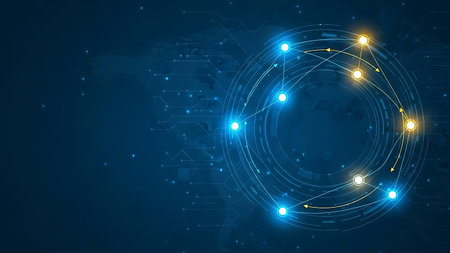 Abstract digital network connecting glowing nodes on dark blue circuit board background 70の素材