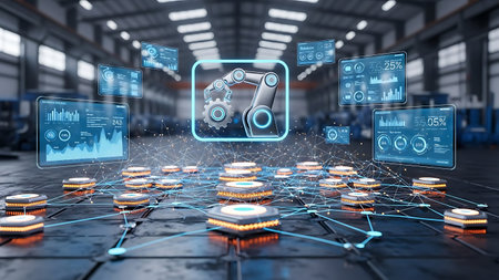 Futuristic factory automation with digital interface and robotic arm hologramの素材