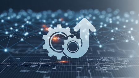 Gears and upward arrow symbolizing progress and efficiency in technology developmentの素材
