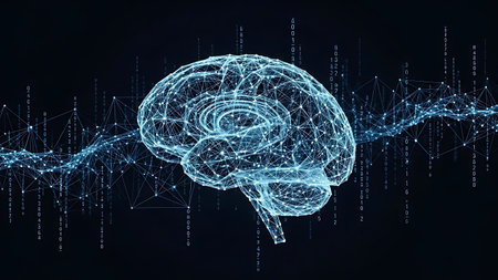 Digital brain network with flowing data and binary code stream overlayの素材