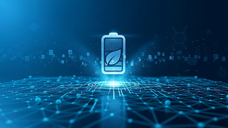 Eco-friendly battery icon with leaf symbolizing green energy technology conceptの素材