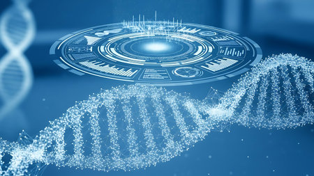 Digital dna helix and futuristic hud interface in blue glowing tonesの素材