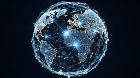 Global network connection and data flow across the earth globe illustrationの素材