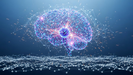 Digital brain network with glowing particles on blue abstract background.の素材