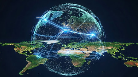 Global logistics network connecting cities with glowing light lines, planet earth.の素材