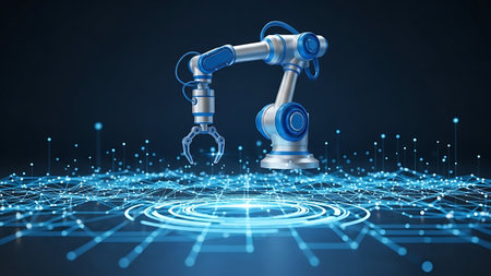 Industrial robot arm in a futuristic network, symbolizing advanced automation.の素材