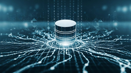 Digital database cylinder with flowing binary code and neural network connectionsの素材