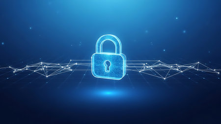 Digital padlock on abstract network grid representing cybersecurity and data protectionの素材