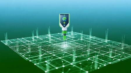 Futuristic sensor device analyzing digital network grid with glowing connectionsの素材