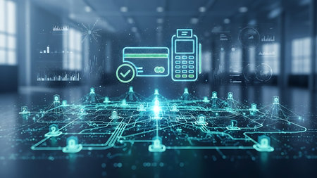 Digital payment transaction with credit card and pos terminal glowing technology networkの素材