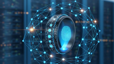 Smart ring with fingerprint scanner and digital network overlay in server roomの素材