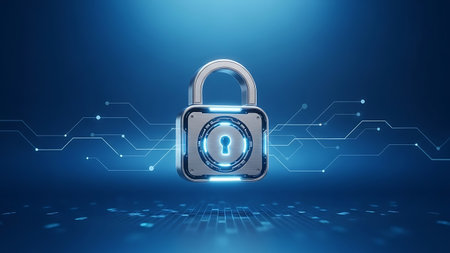 Digital padlock with glowing blue circuits on a dark blue background. 70の素材
