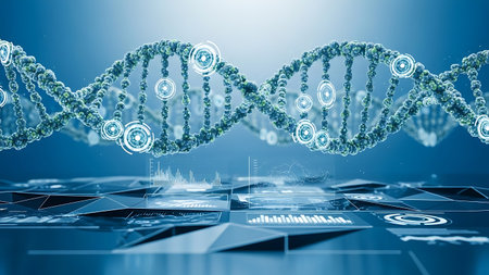 Digital dna helix structure with futuristic scientific data analysis interfaceの素材