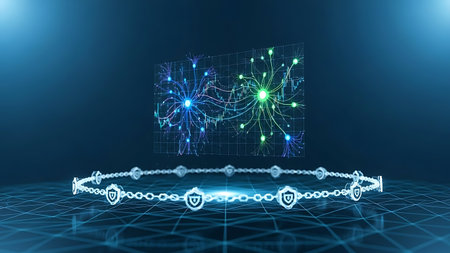 Abstract neural network visualization with security shield chain on digital gridの素材