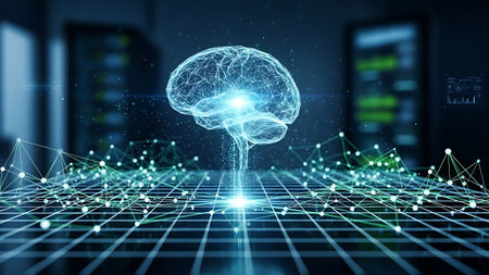 Digital brain hologram with glowing network connections in futuristic server roomの素材