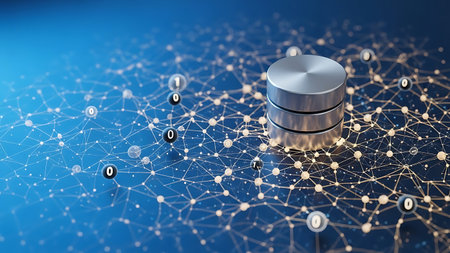 Digital database cylinder connected in a network with binary code on blue backgroundの素材