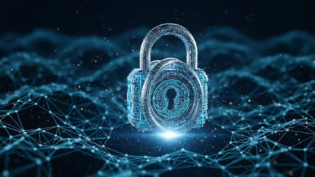 Digital padlock glowing with circuits on abstract network background, cyber security conceptの素材