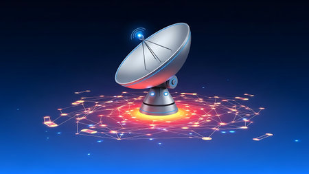 Satellite dish communicating with glowing interconnected digital network on abstract backgroundの素材