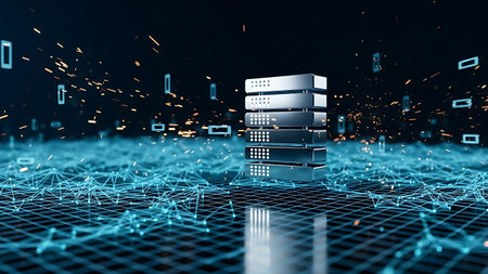 Digital server stack with glowing data network and particles in abstract cyberspaceの素材