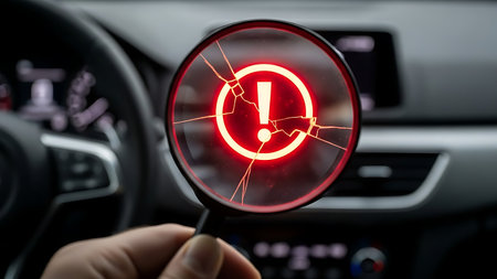 Magnifying glass over glowing red warning light in car dashboardの素材