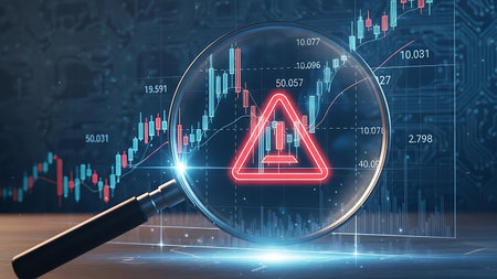 Magnifying glass on financial chart with warning sign and data analyticsの素材