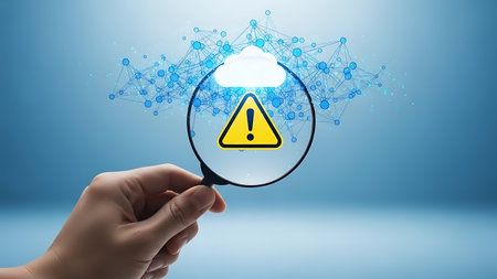 Cloud security warning detected and analyzed by magnifying glassの素材