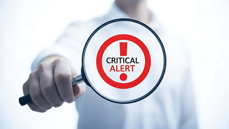 Magnifying glass focusing on critical alert symbol and textの素材