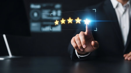 Man touching five star rating on futuristic digital interface screenの素材
