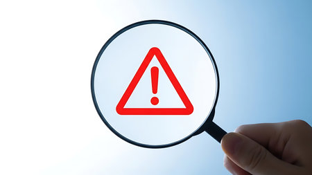 Magnifying glass over red warning sign with exclamation mark iconの素材