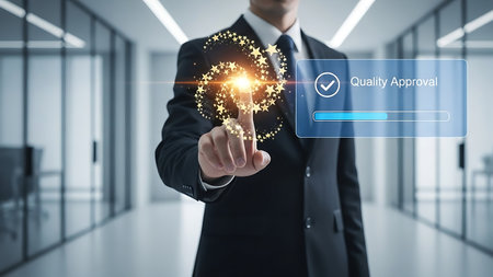 Businessperson touches screen with quality approval and star effectの素材