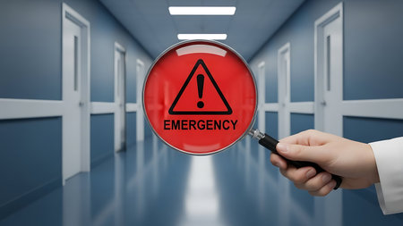 Examining the emergency alert symbol in a hospital corridor with a magnifying glassの素材