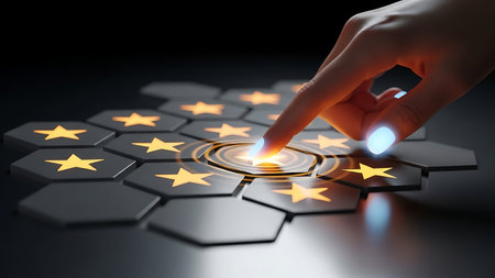 Hand selecting a glowing star from a hexagonal grid of starsの素材