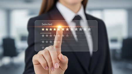 Person gives a rating by touching star on virtual screen interfaceの素材