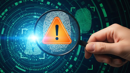 Cyber security alert with fingerprint and magnifying glass over dataの素材