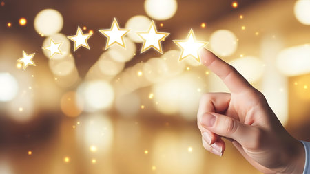 Customer selects five star rating, symbolizing satisfaction and excellent service.の素材