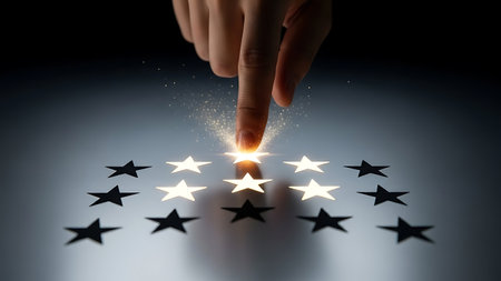 Finger touching glowing star in a row of stars for ratingの素材