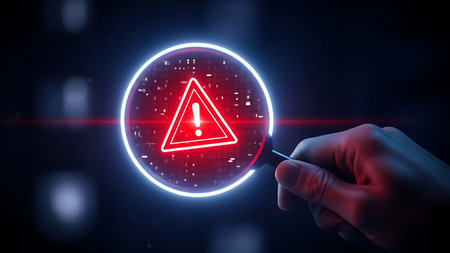 Digital warning sign examination via magnifying glass on circuit boardの素材