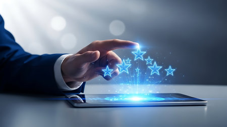 Businessman touching glowing stars on tablet for digital rating and feedbackの素材