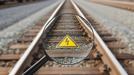 Magnifying glass inspects high voltage warning sign on railway tracksの素材