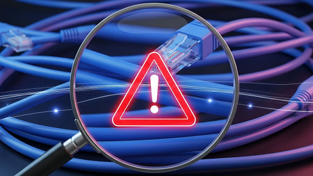 Network cable warning sign under magnifying glass, abstract digital connectionの素材