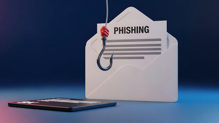 Phishing hook in envelope with document and tablet, representing cybercrimeの素材