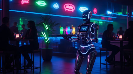 Futuristic robot bartender serves colorful cocktails in a neon-lit bar with patrons seatedの素材