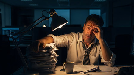 Man tired of working late at night in office with stack of papersの素材