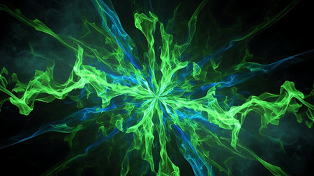 Abstract glowing green and blue energy explosion with smoke in dark backgroundの素材